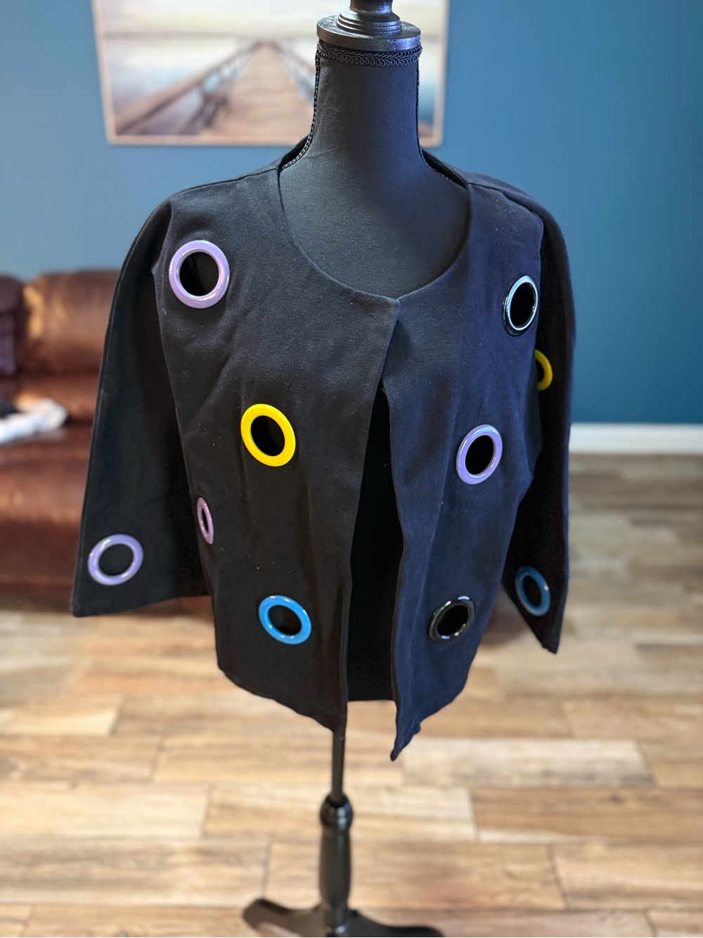 Black Eyelet-Embellished Open Front Jacket